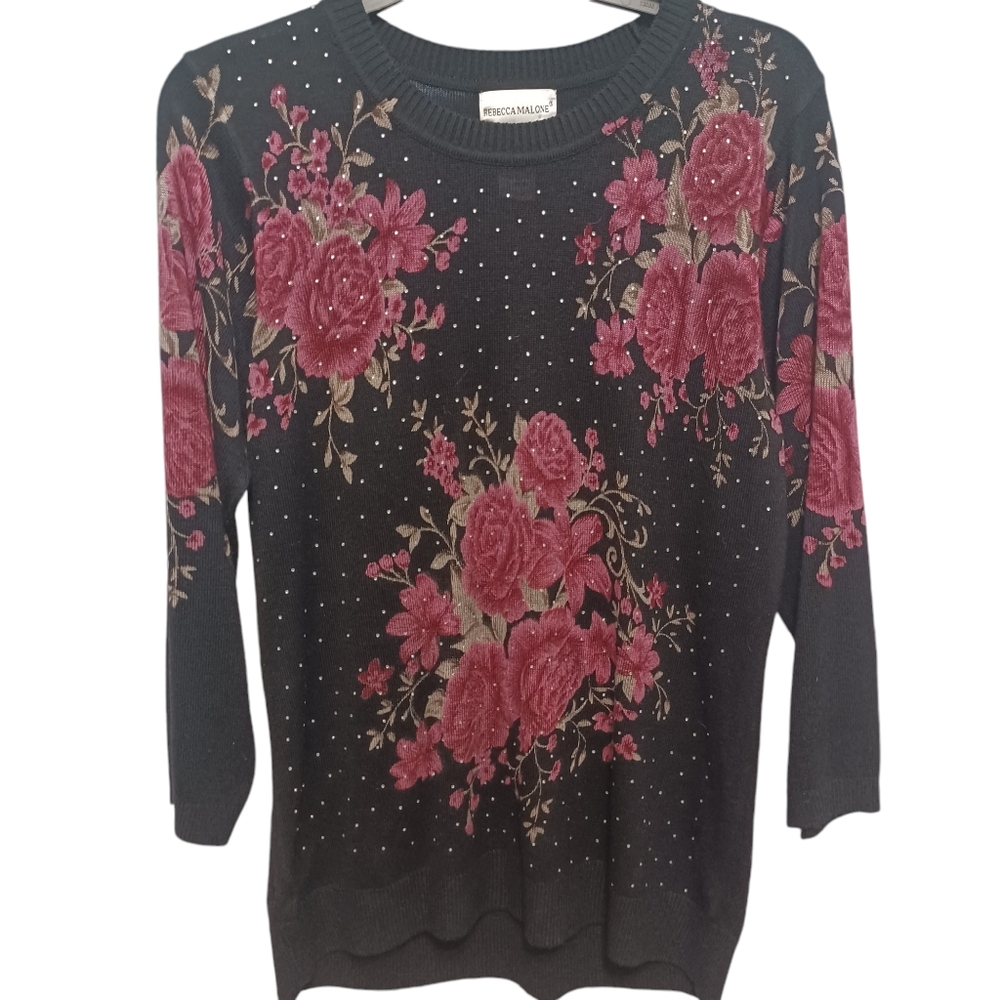 Rebecca Malone floral sweater size medium embellished black red knit